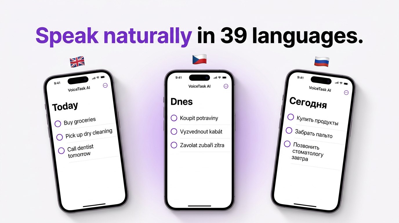 Three iPhones side by side showing the same VoiceTask AI task list in English, Czech, and Russian.