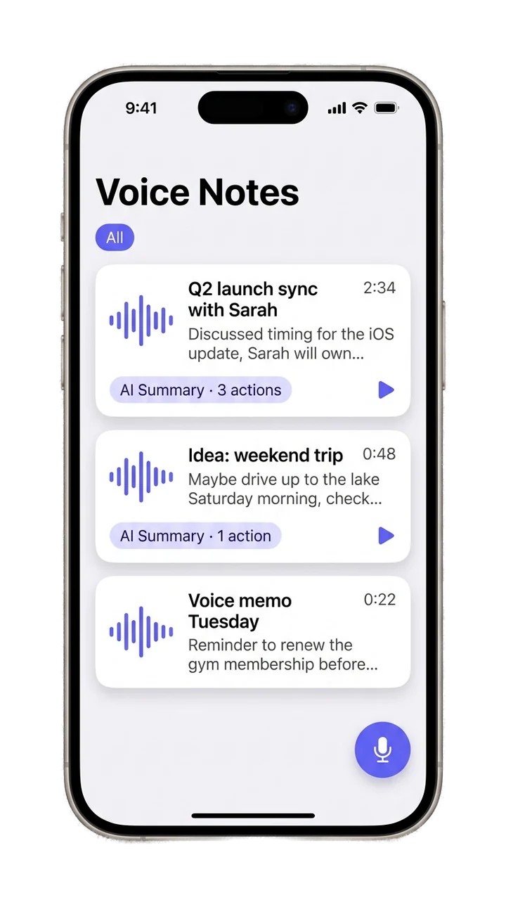 Voice Notes screen with three transcribed memos and AI-generated action-item summaries.